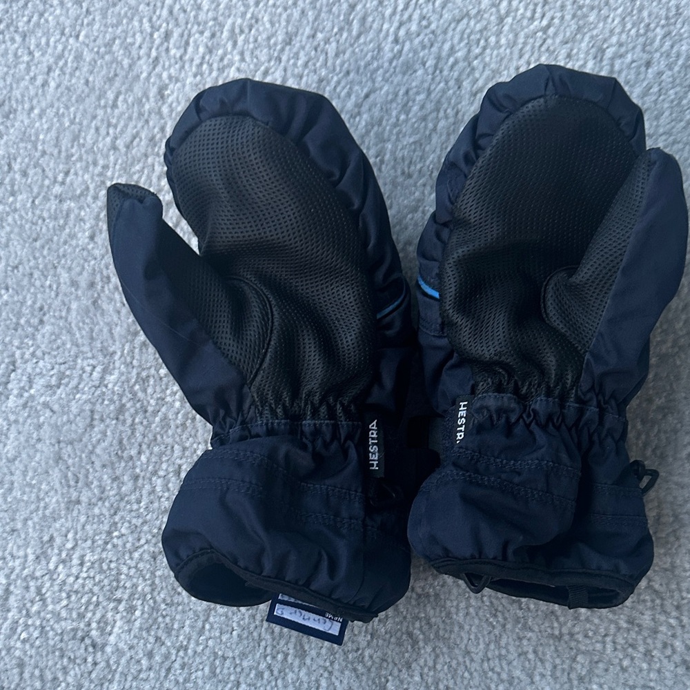 Kids Hestra Black Mittens with Blue Accents - Picture 2 of 4